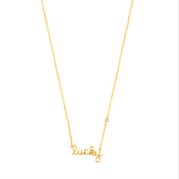 Sydney Evan “Lucky” Necklace .925 Gold Vermeil Diamond Accent Script Pendant 16” - Picture 1 of 12